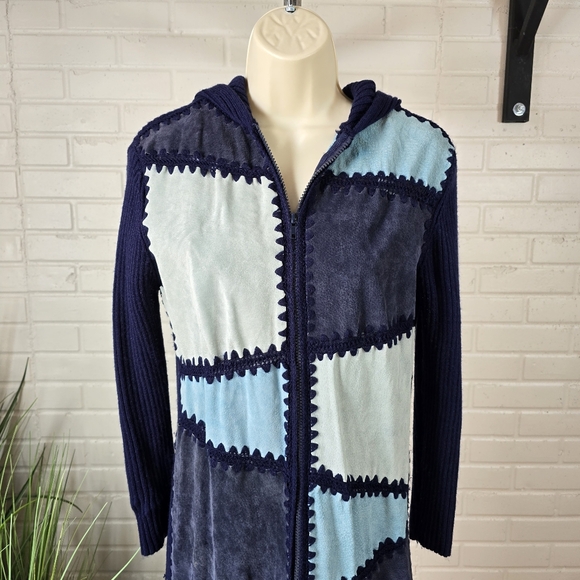 Vintage Airport Blue Suede Patchwork Knit Long Cardigan Medium - Picture 7 of 11